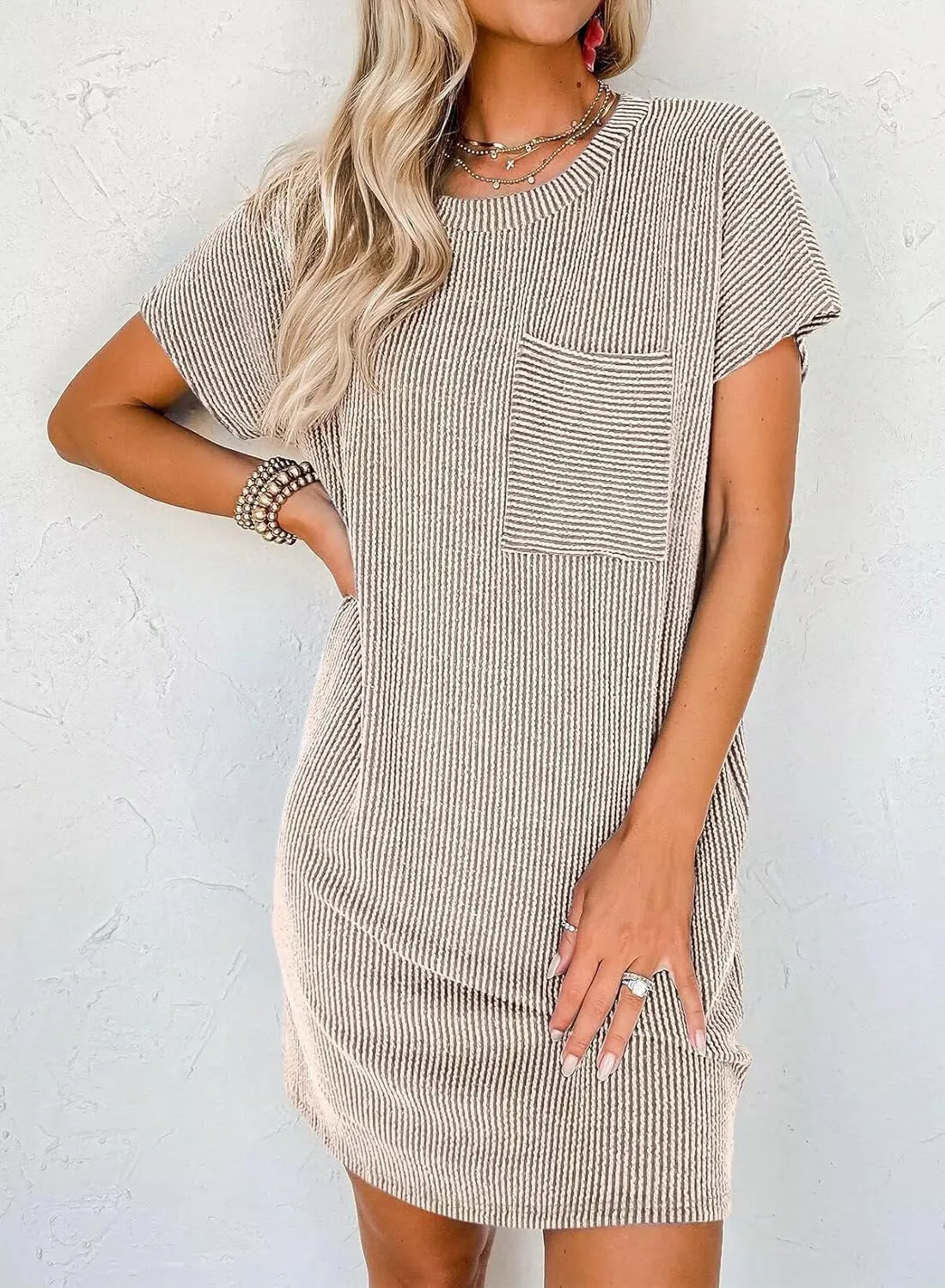 Acelitt Womens Casual Summer Crewneck Short Sleeve Ribbed Mini Tshirt Dress, XS-3XL