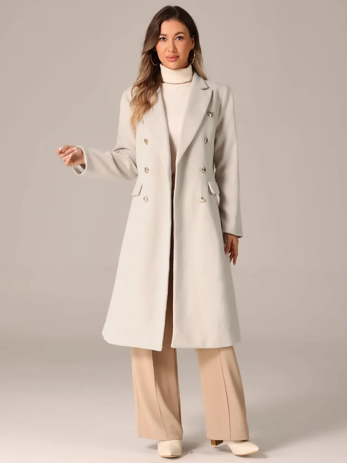 Allegra K Double Breasted Coat for Women's Notched Lapel Collar Classic Winter Overwear