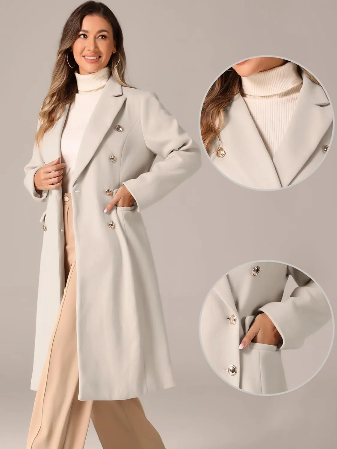 Allegra K Double Breasted Coat for Women's Notched Lapel Collar Classic Winter Overwear