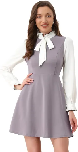 Allegra K Tie Neck Dresses for Women's 1960s Vintage Long Sleeve Contrast Color Dress