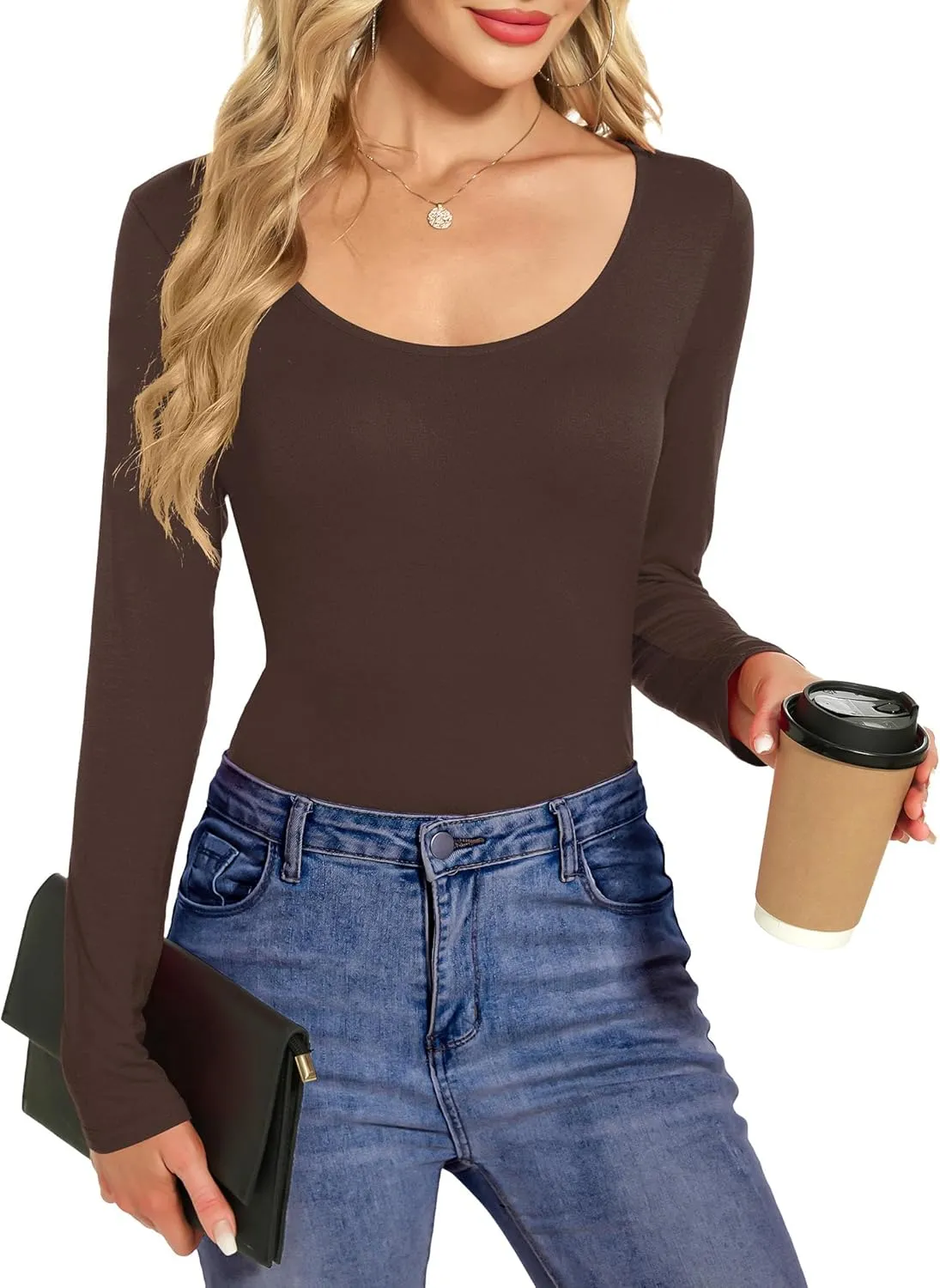 Amoretu Tops for Women Basic Long Sleeve T Shirts Plain Casual Loose Fit Round Neck Tee for Fall Clothing