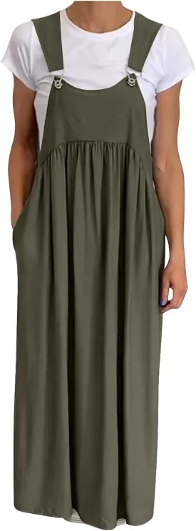 Barrel Overall Dress for Women Loose Adjutable Strap Big Pockets Jumper Dress Plus Size Casual Pinafore Maxi Dresses