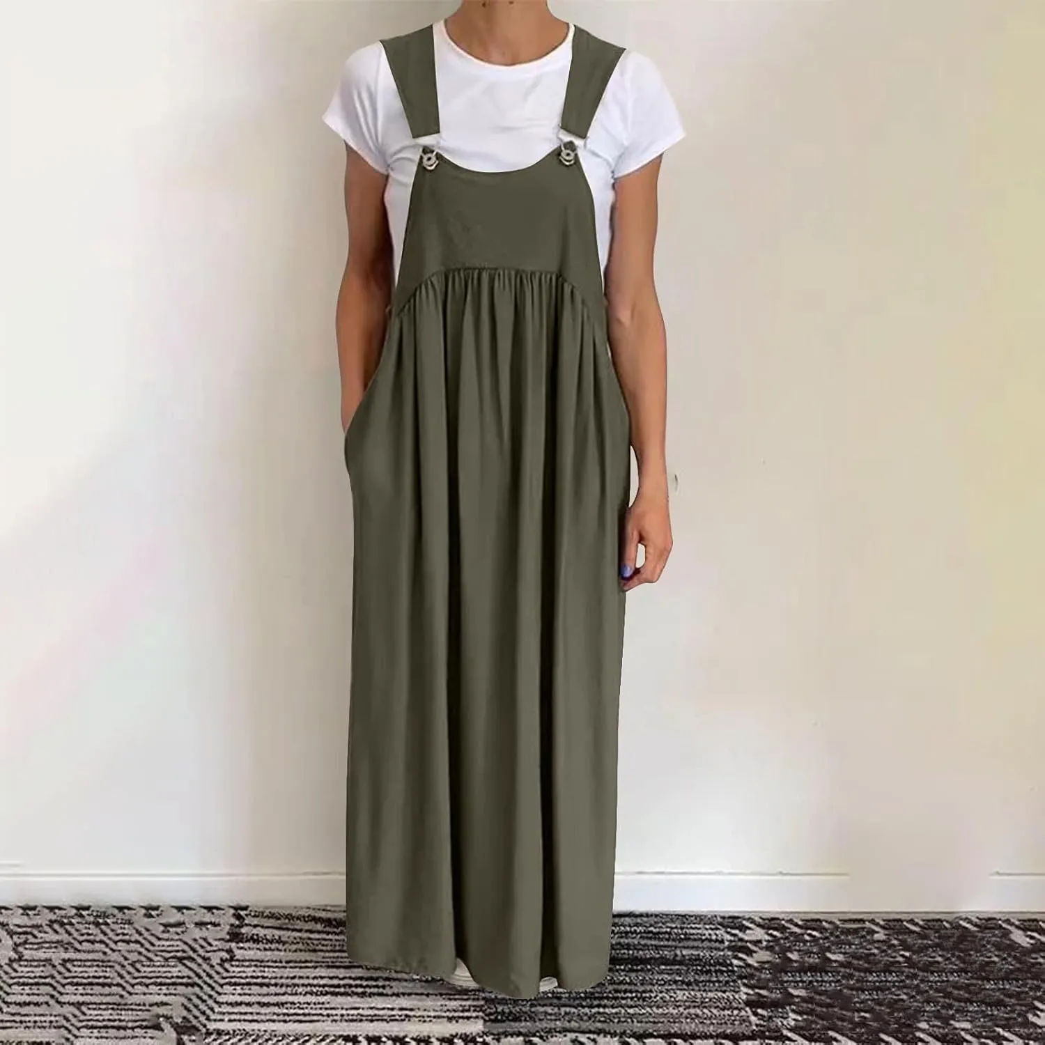 Barrel Overall Dress for Women Loose Adjutable Strap Big Pockets Jumper Dress Plus Size Casual Pinafore Maxi Dresses