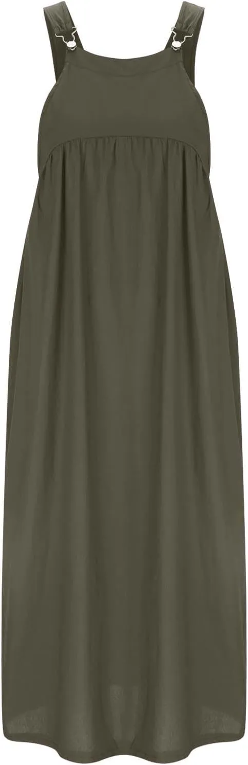 Barrel Overall Dress for Women Loose Adjutable Strap Big Pockets Jumper Dress Plus Size Casual Pinafore Maxi Dresses