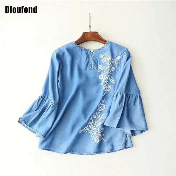 Dioufond Cotton Women Blouses 2017 new fashion Floral Embroiedery Shirt women Half Flare Sleeve camisas femininas women tops