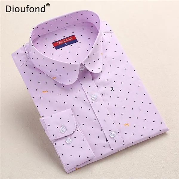 Dioufond Polka Dot Printed Blouse Shirt Women Long Sleeve Cotton Work Wear Blouses White Print Blusa Feminina Navy Top 2017