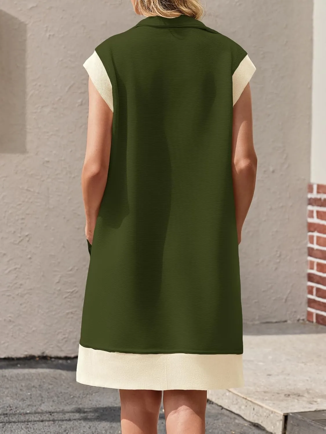 Fisoew Women's Summer Sleeveless Mini Dress Casual Half Zip Cap Sleeve Contrast Loose Sweatshirt Dresses