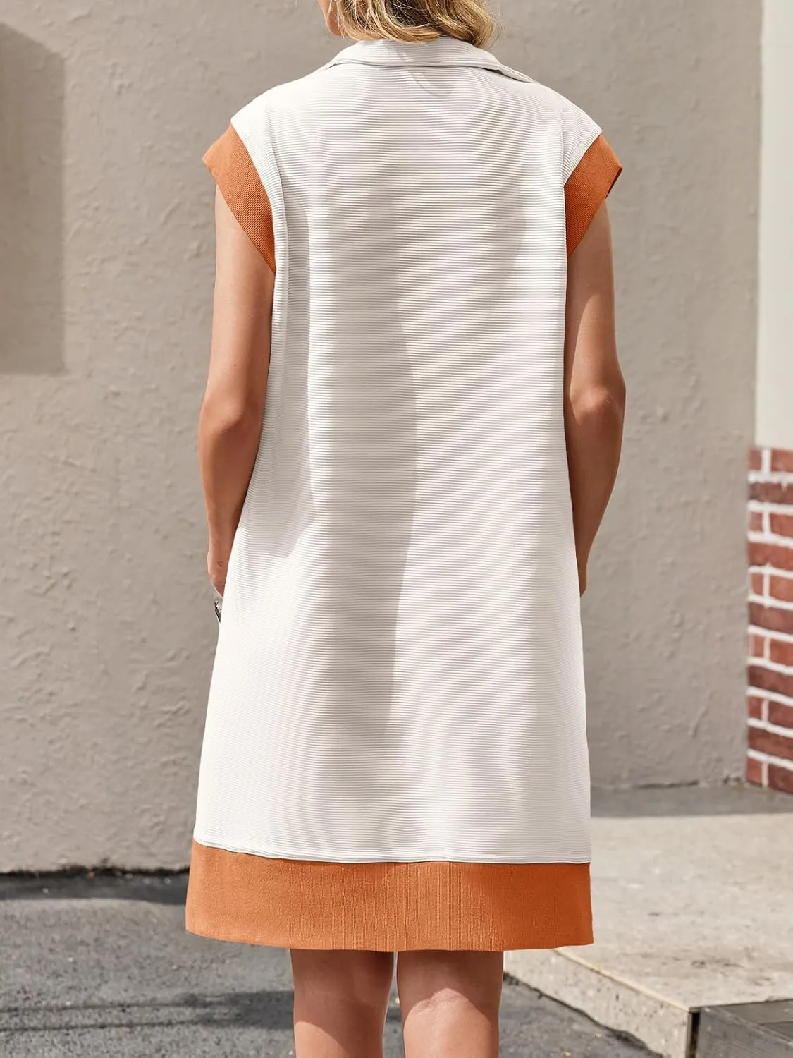 Fisoew Women's Summer Sleeveless Mini Dress Casual Half Zip Cap Sleeve Contrast Loose Sweatshirt Dresses