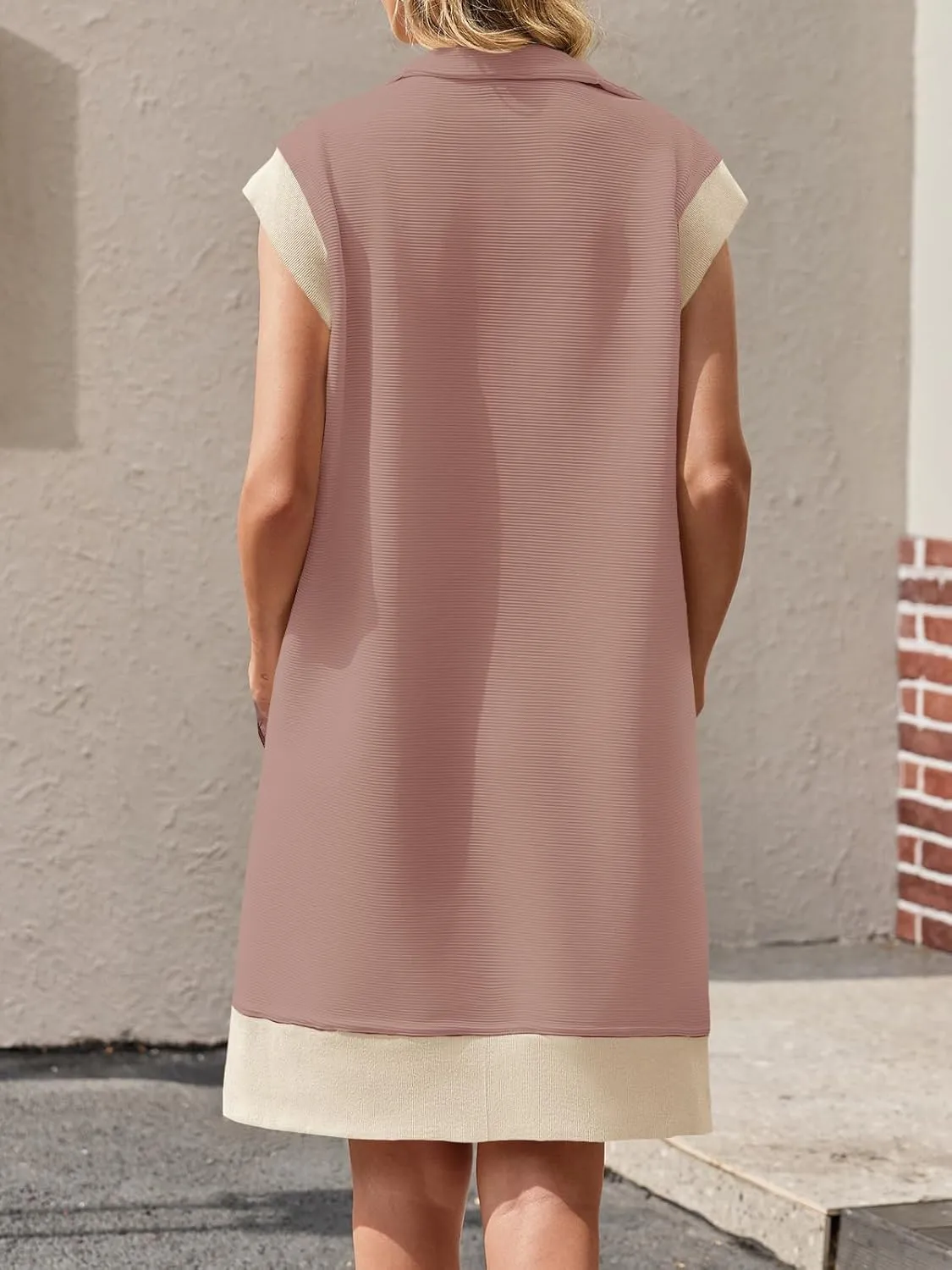 Fisoew Women's Summer Sleeveless Mini Dress Casual Half Zip Cap Sleeve Contrast Loose Sweatshirt Dresses