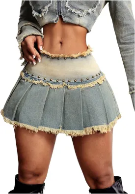 Floerns Women's Distressed Pleated Mini Denim Skirt Studded A Line Retro Jean Skirts