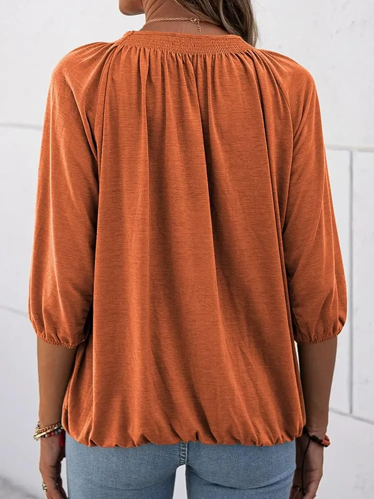 Grlasen Women's Solid Crew Neck T Shirt Blouse Cotton Half Sleeve 3/4 Sleeve Casual Loose Pleated Basic Tops