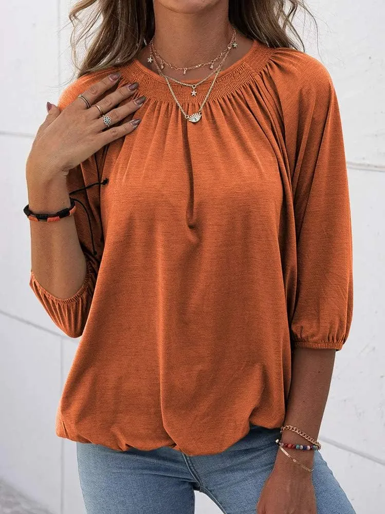 Grlasen Women's Solid Crew Neck T Shirt Blouse Cotton Half Sleeve 3/4 Sleeve Casual Loose Pleated Basic Tops