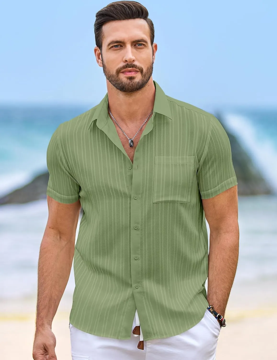 JMIERR Hawaiian Shirt for Men Button Down Short Sleeve Shirts Textured Casual Summer Beach Linen Shirts