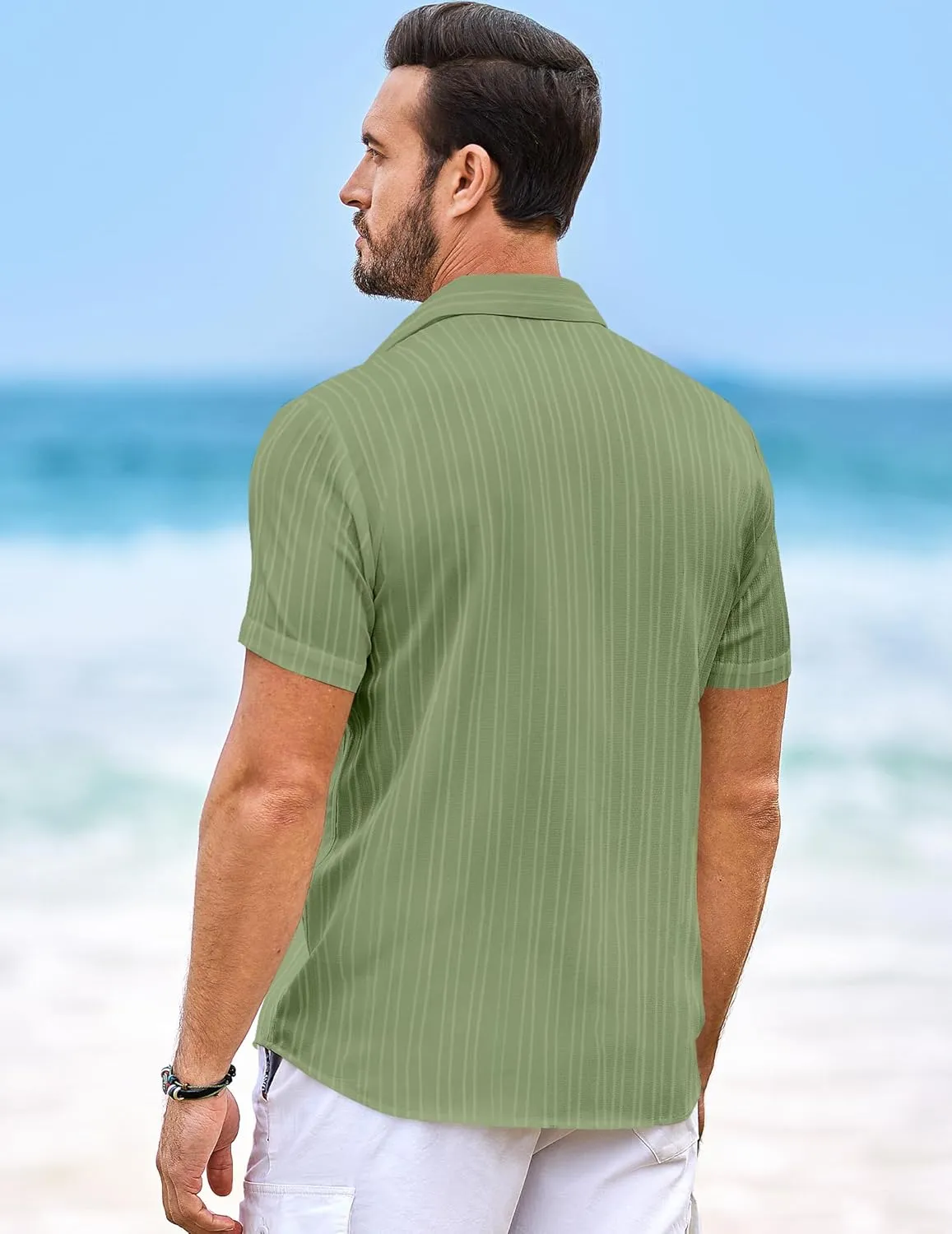 JMIERR Hawaiian Shirt for Men Button Down Short Sleeve Shirts Textured Casual Summer Beach Linen Shirts