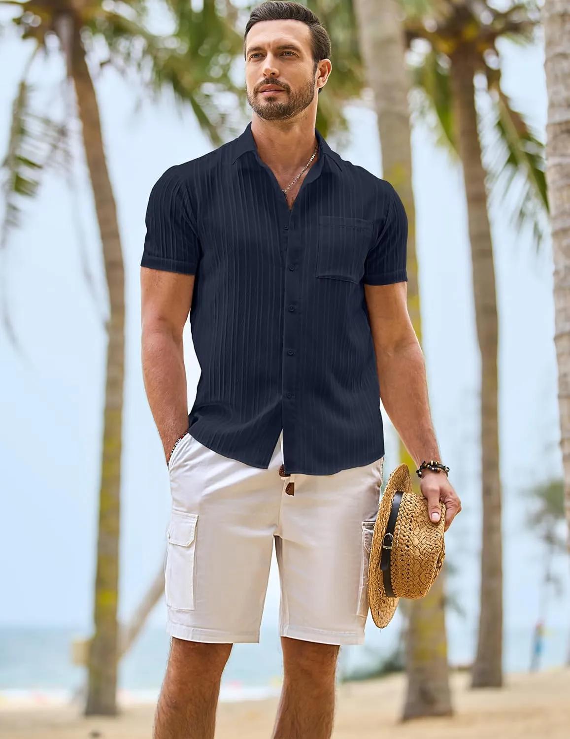 JMIERR Hawaiian Shirt for Men Button Down Short Sleeve Shirts Textured Casual Summer Beach Linen Shirts