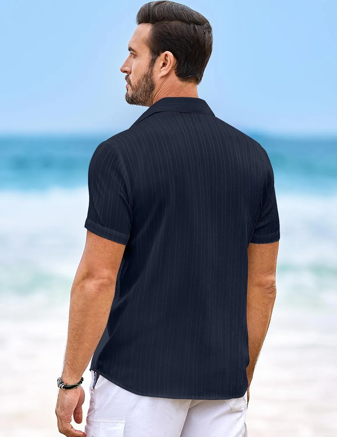 JMIERR Hawaiian Shirt for Men Button Down Short Sleeve Shirts Textured Casual Summer Beach Linen Shirts
