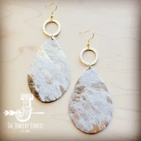 **Leather Teardrop Earrings Hair-on-Hide White Metallic w/ Matte Gold Hoop 210t