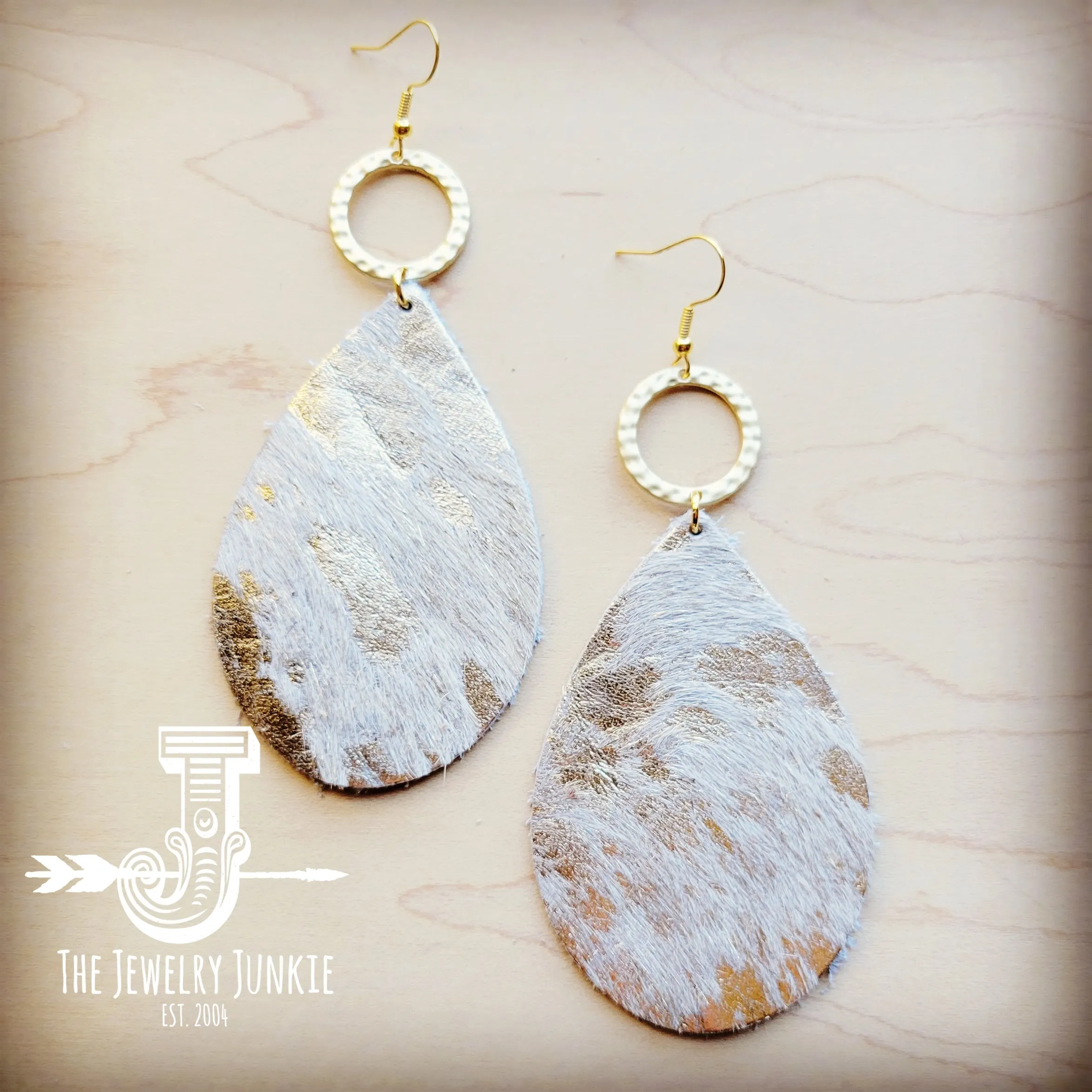 **Leather Teardrop Earrings Hair-on-Hide White Metallic w/ Matte Gold Hoop 210t