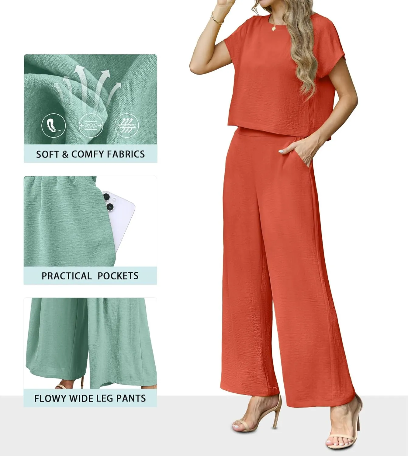 Lepunuo 2 Piece Sets for Women Summer Cap Sleeve Crop Top Wide Leg Pants Matching Lounge Set Vacation Beach Travel Outfits