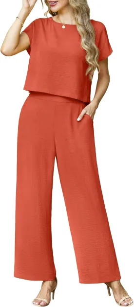 Lepunuo 2 Piece Sets for Women Summer Cap Sleeve Crop Top Wide Leg Pants Matching Lounge Set Vacation Beach Travel Outfits