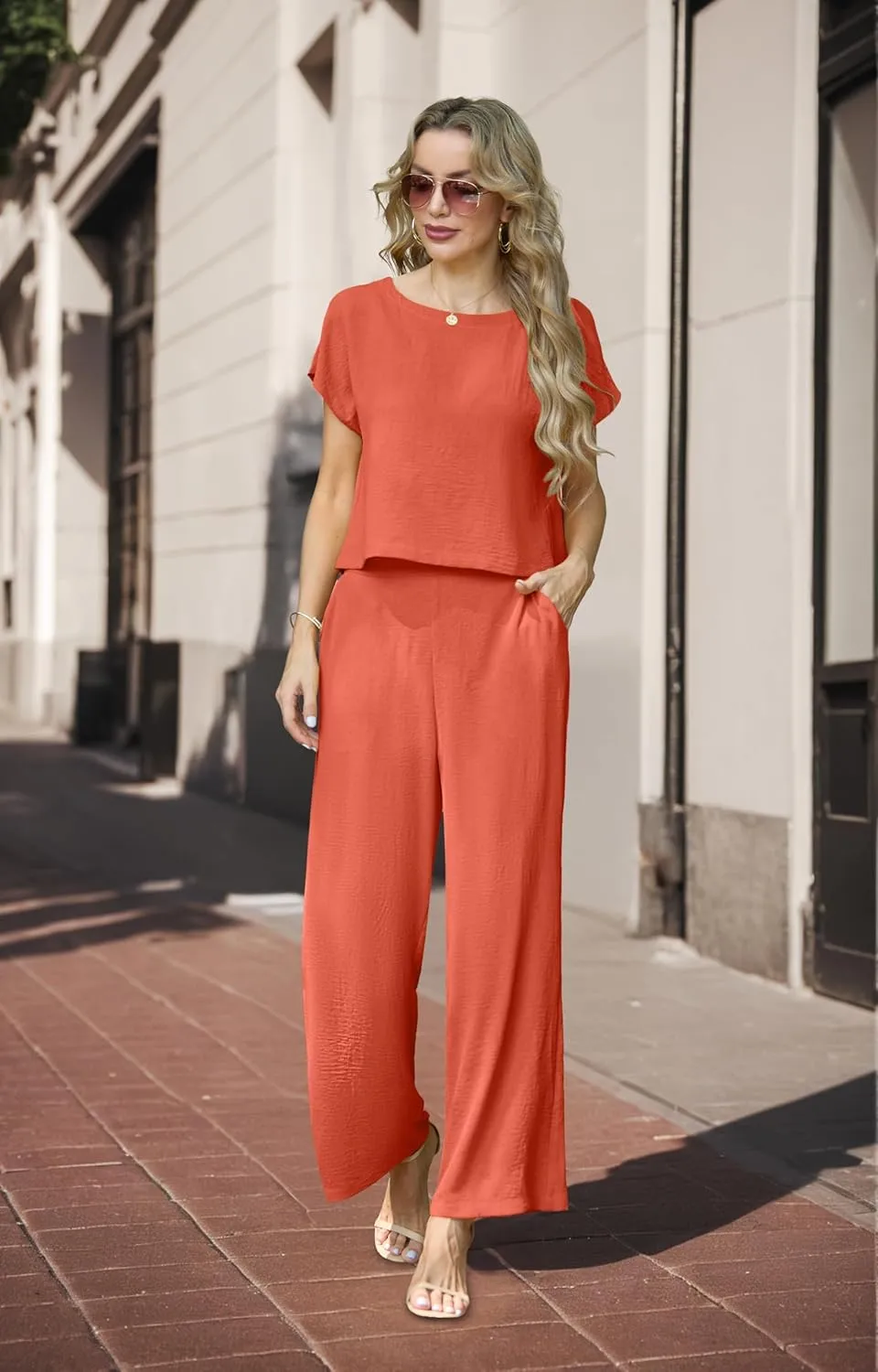 Lepunuo 2 Piece Sets for Women Summer Cap Sleeve Crop Top Wide Leg Pants Matching Lounge Set Vacation Beach Travel Outfits