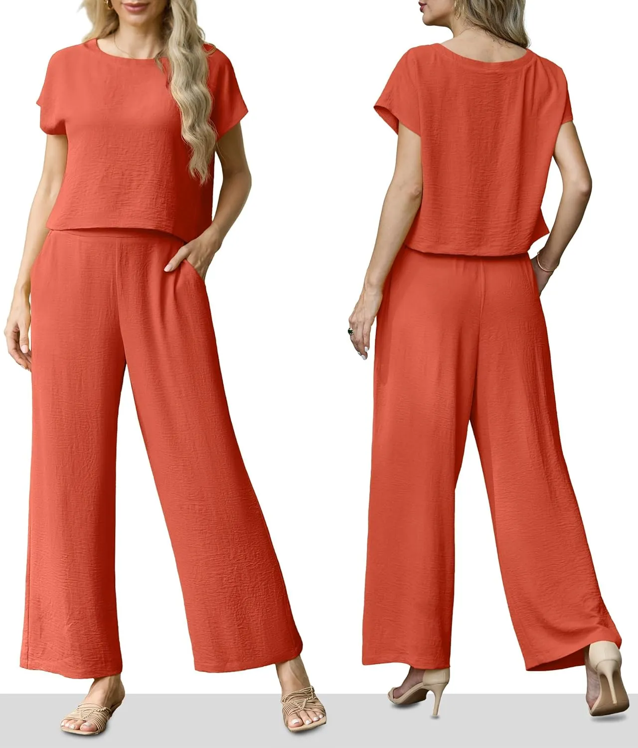 Lepunuo 2 Piece Sets for Women Summer Cap Sleeve Crop Top Wide Leg Pants Matching Lounge Set Vacation Beach Travel Outfits