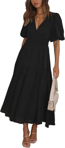 Lucrosun Women's Summer V Neck Short Puff Sleeve A Line Tiered Midi Dress