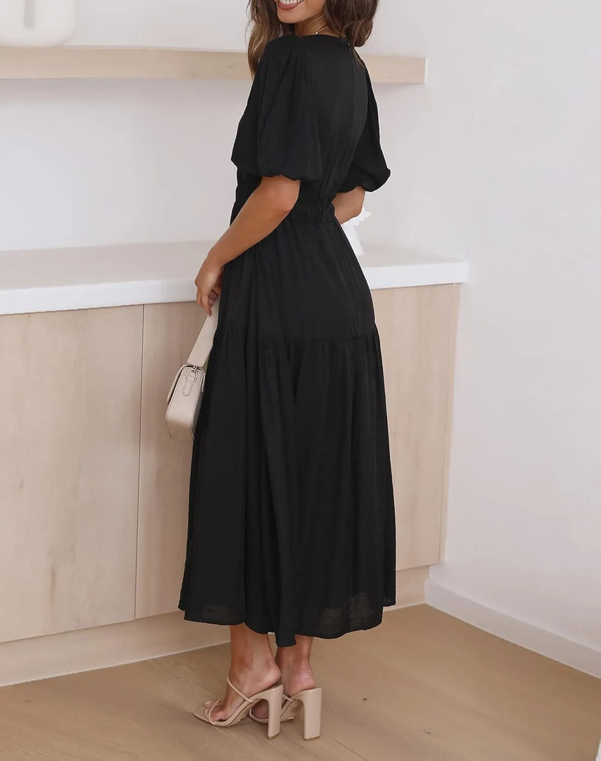 Lucrosun Women's Summer V Neck Short Puff Sleeve A Line Tiered Midi Dress