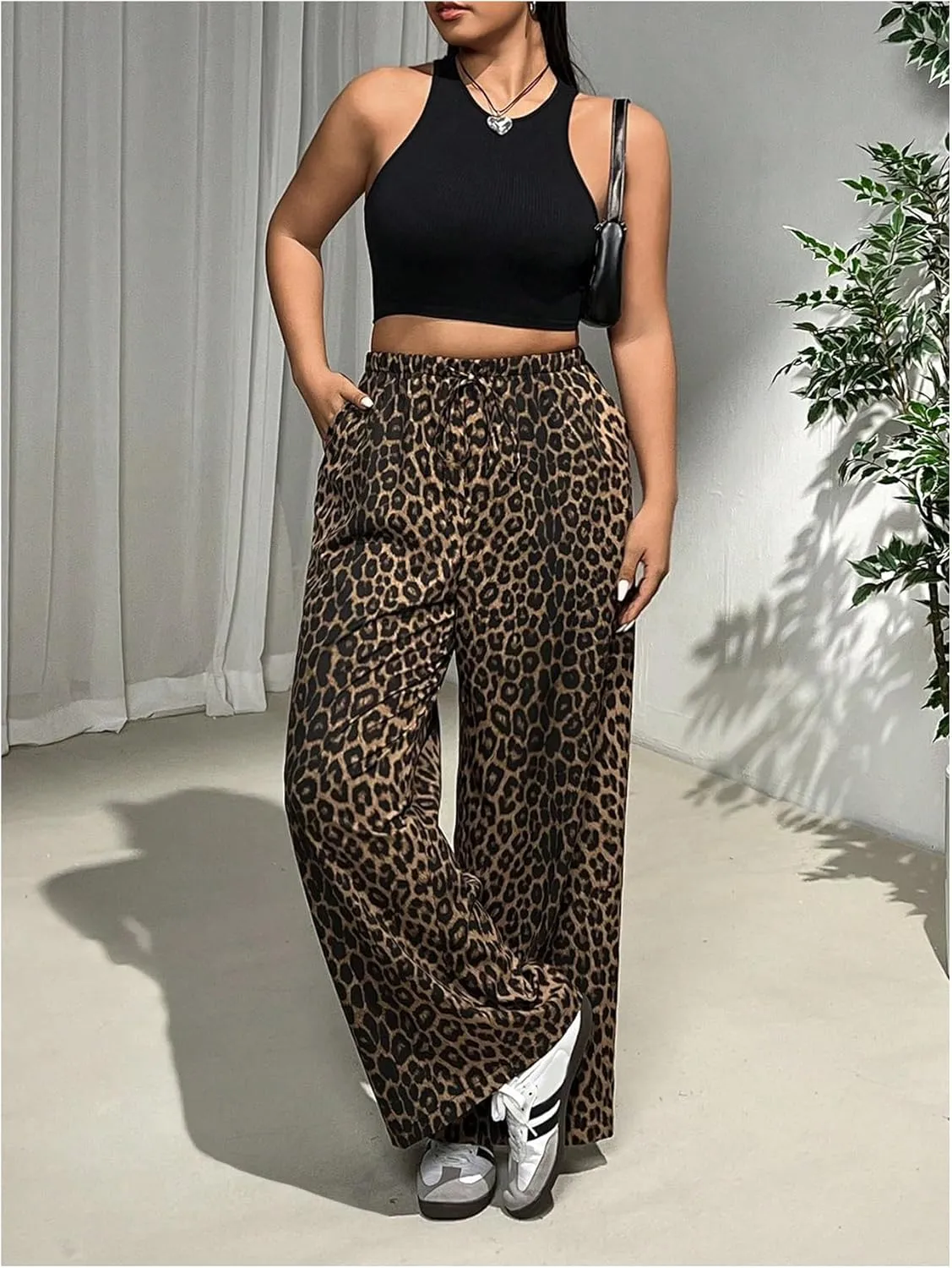 MakeMeChic Women's Plus Size Leopard Print Wide Leg Pants Casual Summer Drawstring Waist Trousers