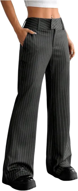 MakeMeChic Women's Striped Dressy Pants Straight Leg Work Office Long Trousers