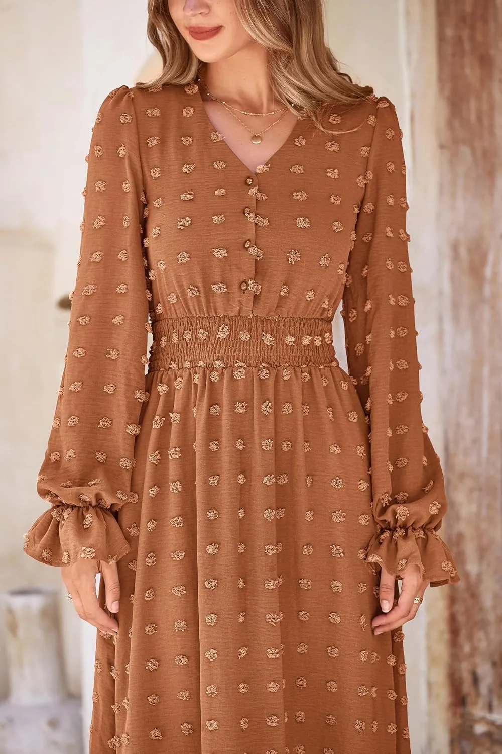 MASCOMODA Women Maxi Dress 2025 Fall Long Sleeve V Neck Swiss Dot Boho Smocked High Waisted A-Line Tiered Flowy Long Dresses
