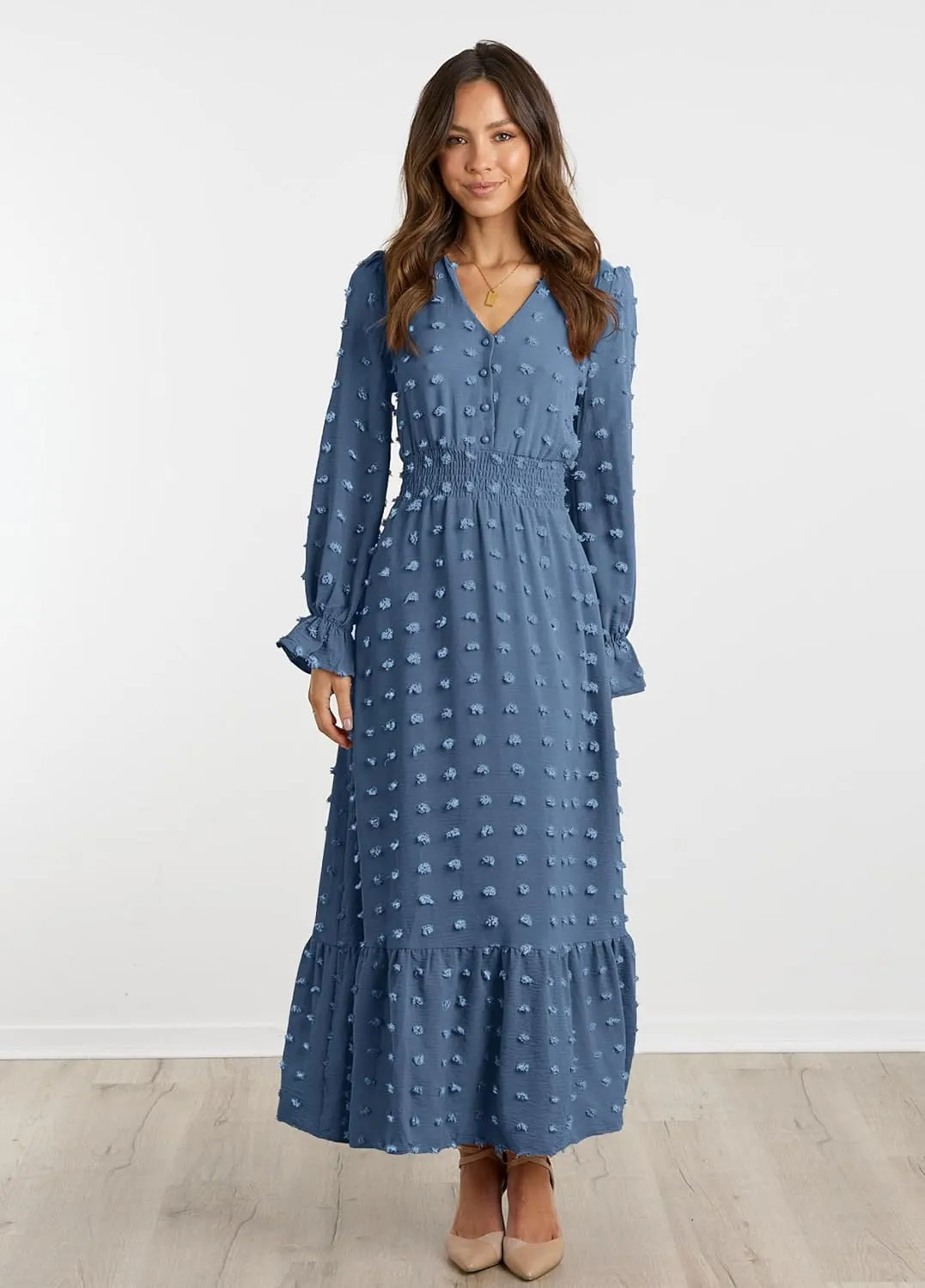 MASCOMODA Women Maxi Dress 2025 Fall Long Sleeve V Neck Swiss Dot Boho Smocked High Waisted A-Line Tiered Flowy Long Dresses