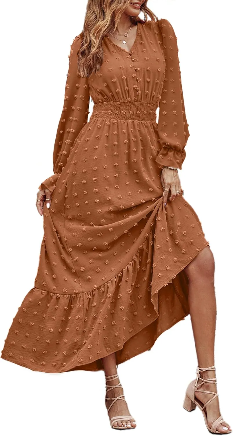 MASCOMODA Women Maxi Dress 2025 Fall Long Sleeve V Neck Swiss Dot Boho Smocked High Waisted A-Line Tiered Flowy Long Dresses