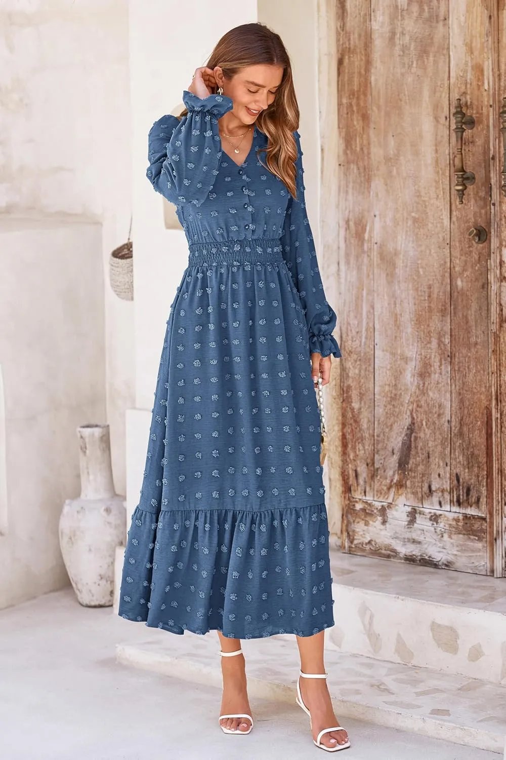 MASCOMODA Women Maxi Dress 2025 Fall Long Sleeve V Neck Swiss Dot Boho Smocked High Waisted A-Line Tiered Flowy Long Dresses
