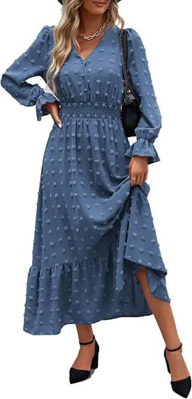 MASCOMODA Women Maxi Dress 2025 Fall Long Sleeve V Neck Swiss Dot Boho Smocked High Waisted A-Line Tiered Flowy Long Dresses