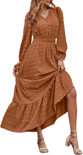 MASCOMODA Women Maxi Dress 2025 Fall Long Sleeve V Neck Swiss Dot Boho Smocked High Waisted A-Line Tiered Flowy Long Dresses