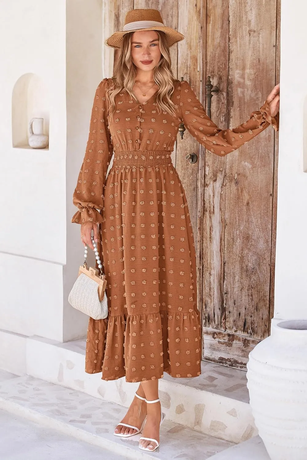 MASCOMODA Women Maxi Dress 2025 Fall Long Sleeve V Neck Swiss Dot Boho Smocked High Waisted A-Line Tiered Flowy Long Dresses