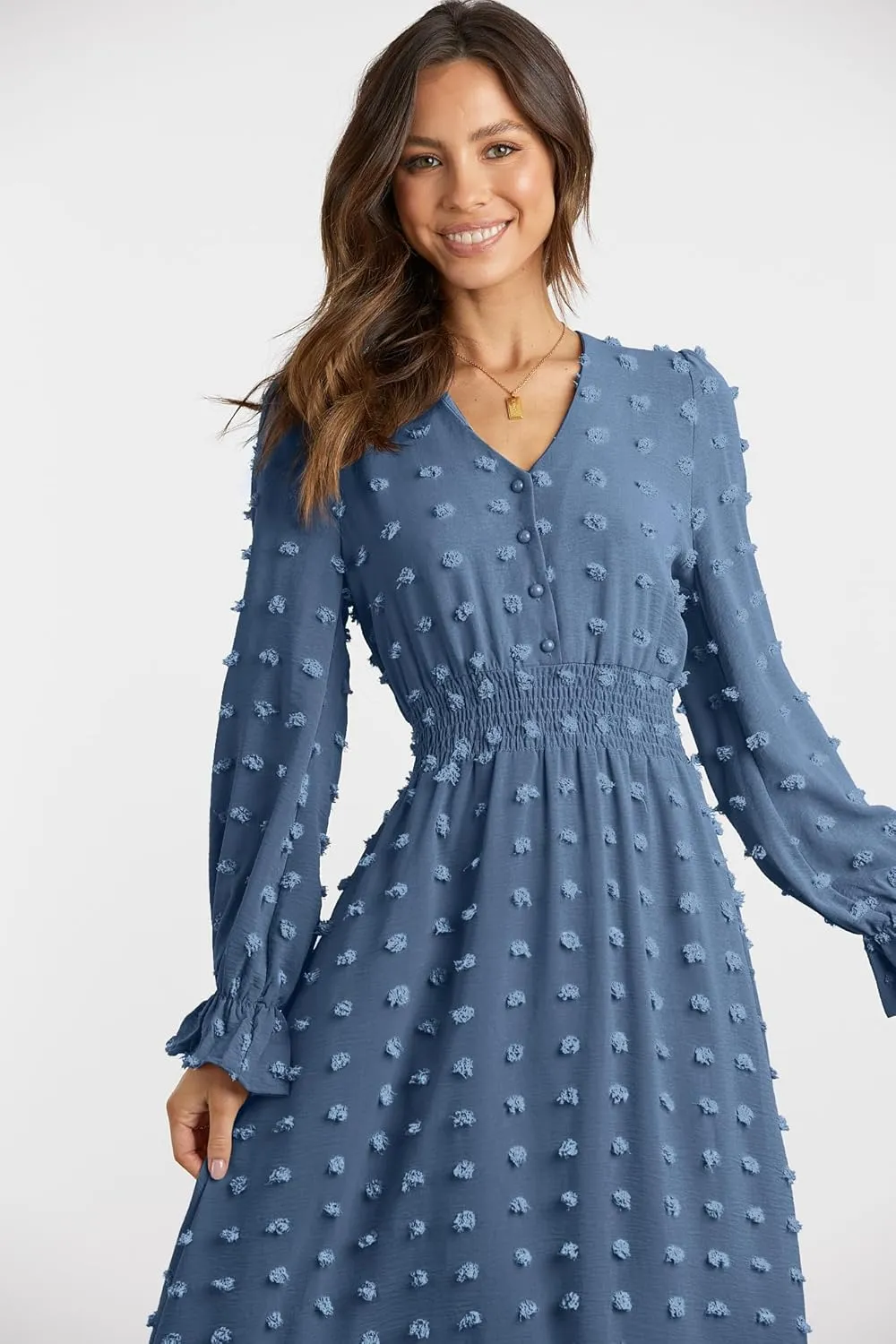 MASCOMODA Women Maxi Dress 2025 Fall Long Sleeve V Neck Swiss Dot Boho Smocked High Waisted A-Line Tiered Flowy Long Dresses