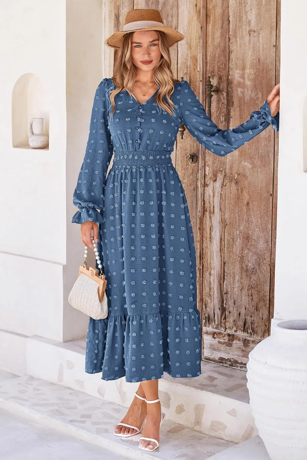 MASCOMODA Women Maxi Dress 2025 Fall Long Sleeve V Neck Swiss Dot Boho Smocked High Waisted A-Line Tiered Flowy Long Dresses