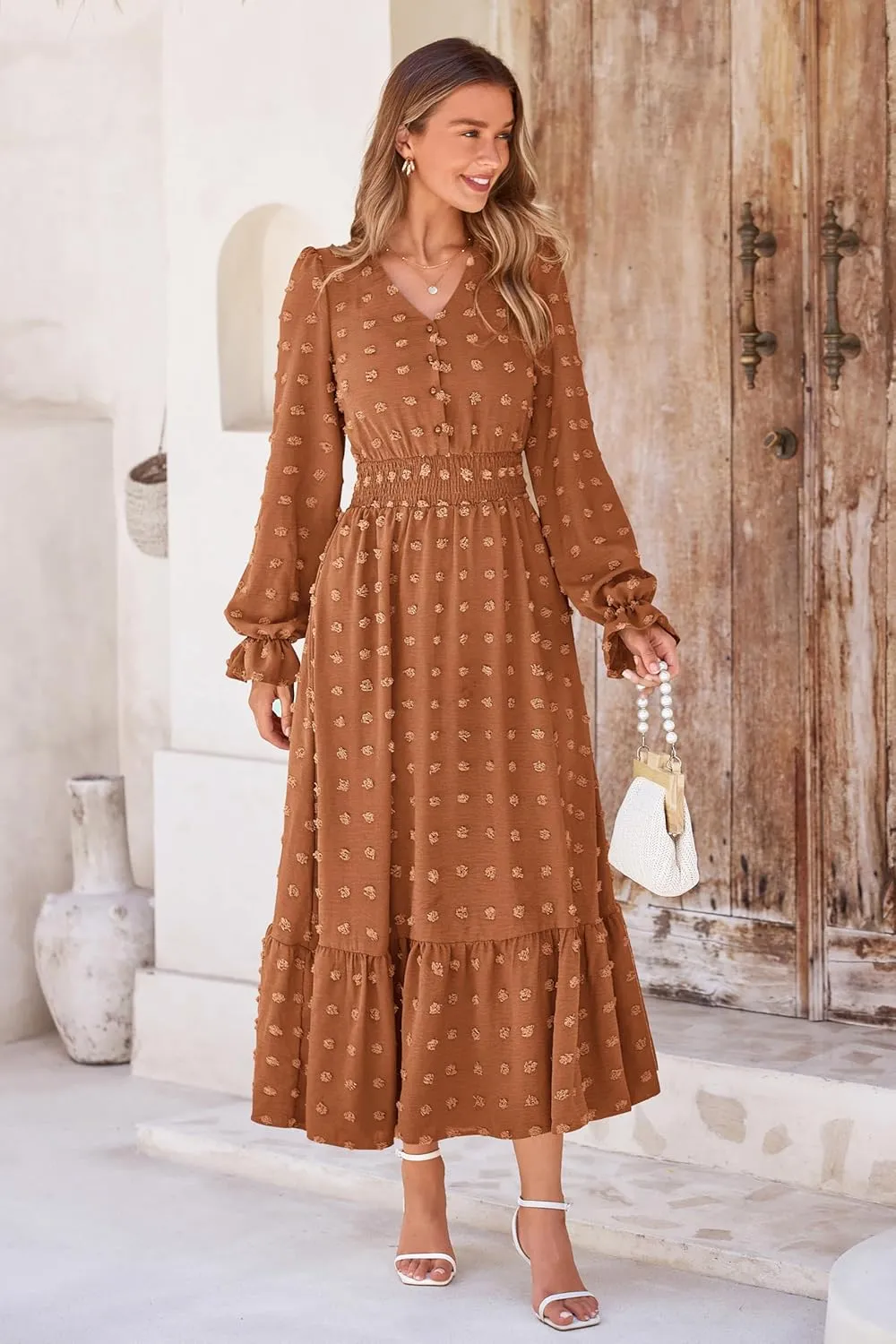 MASCOMODA Women Maxi Dress 2025 Fall Long Sleeve V Neck Swiss Dot Boho Smocked High Waisted A-Line Tiered Flowy Long Dresses
