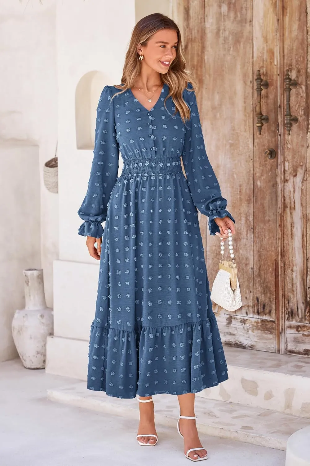 MASCOMODA Women Maxi Dress 2025 Fall Long Sleeve V Neck Swiss Dot Boho Smocked High Waisted A-Line Tiered Flowy Long Dresses