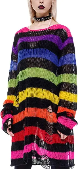 Peaceglad Womens Oversized Goth Punk Ripped Striped Long Sleeve Pullover Sweater Dress Tops