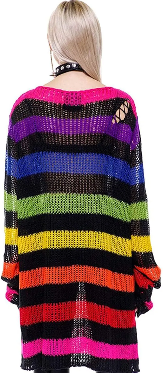 Peaceglad Womens Oversized Goth Punk Ripped Striped Long Sleeve Pullover Sweater Dress Tops