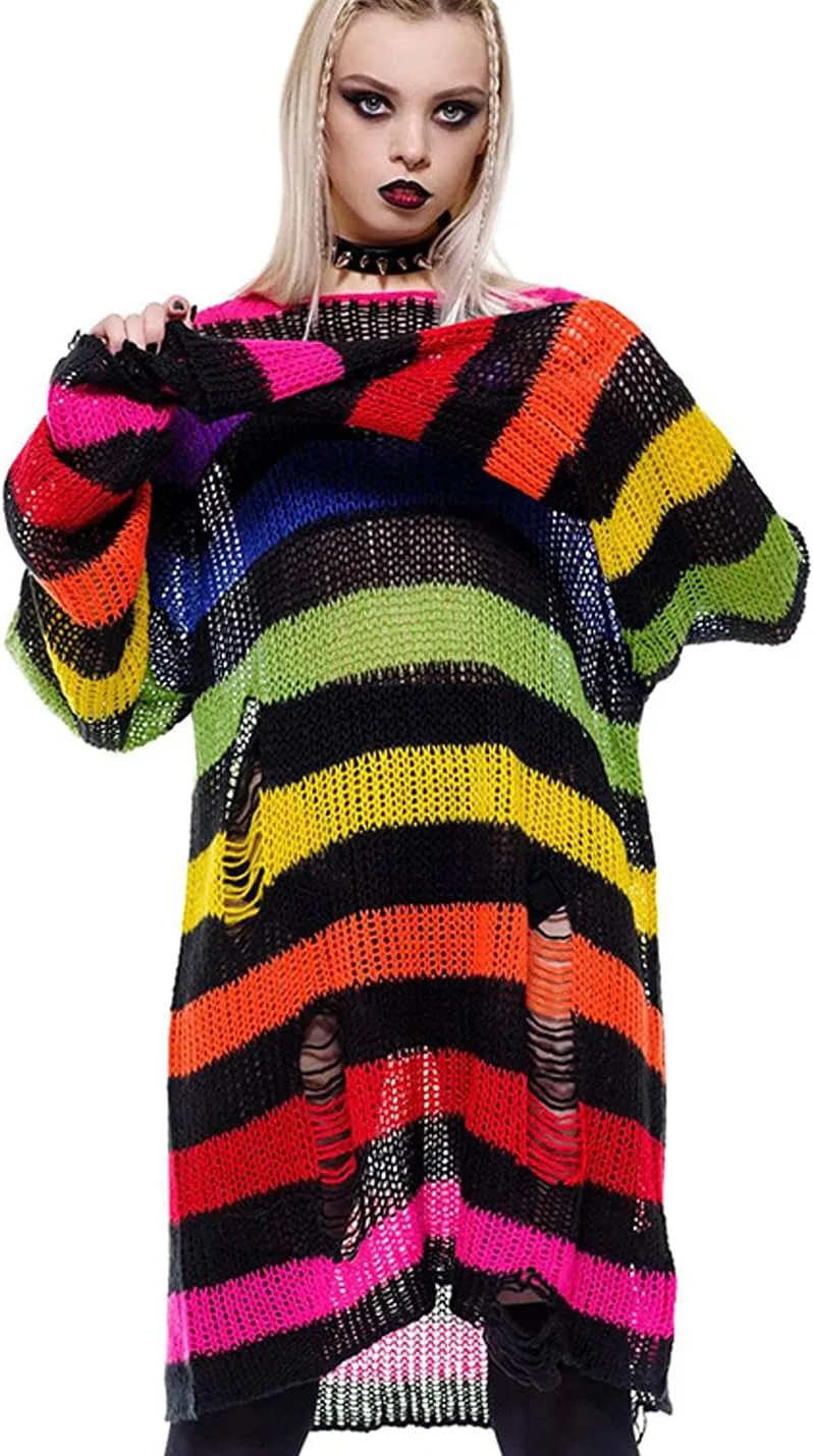 Peaceglad Womens Oversized Goth Punk Ripped Striped Long Sleeve Pullover Sweater Dress Tops