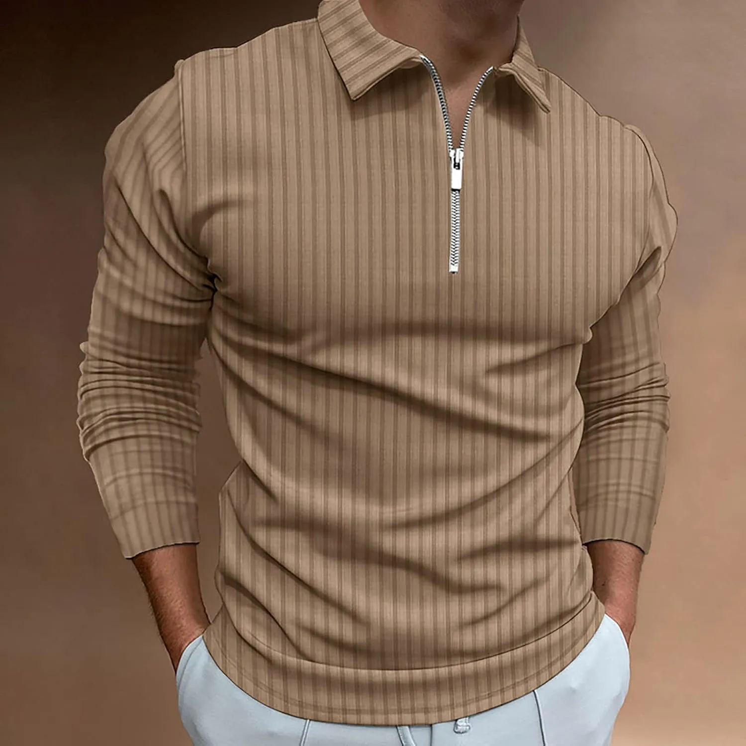 Polo Shirts for Men Golf Shirts Long Sleeve Zip Up Lapel Business Smart Casual Tops Henley V Neck Rugby