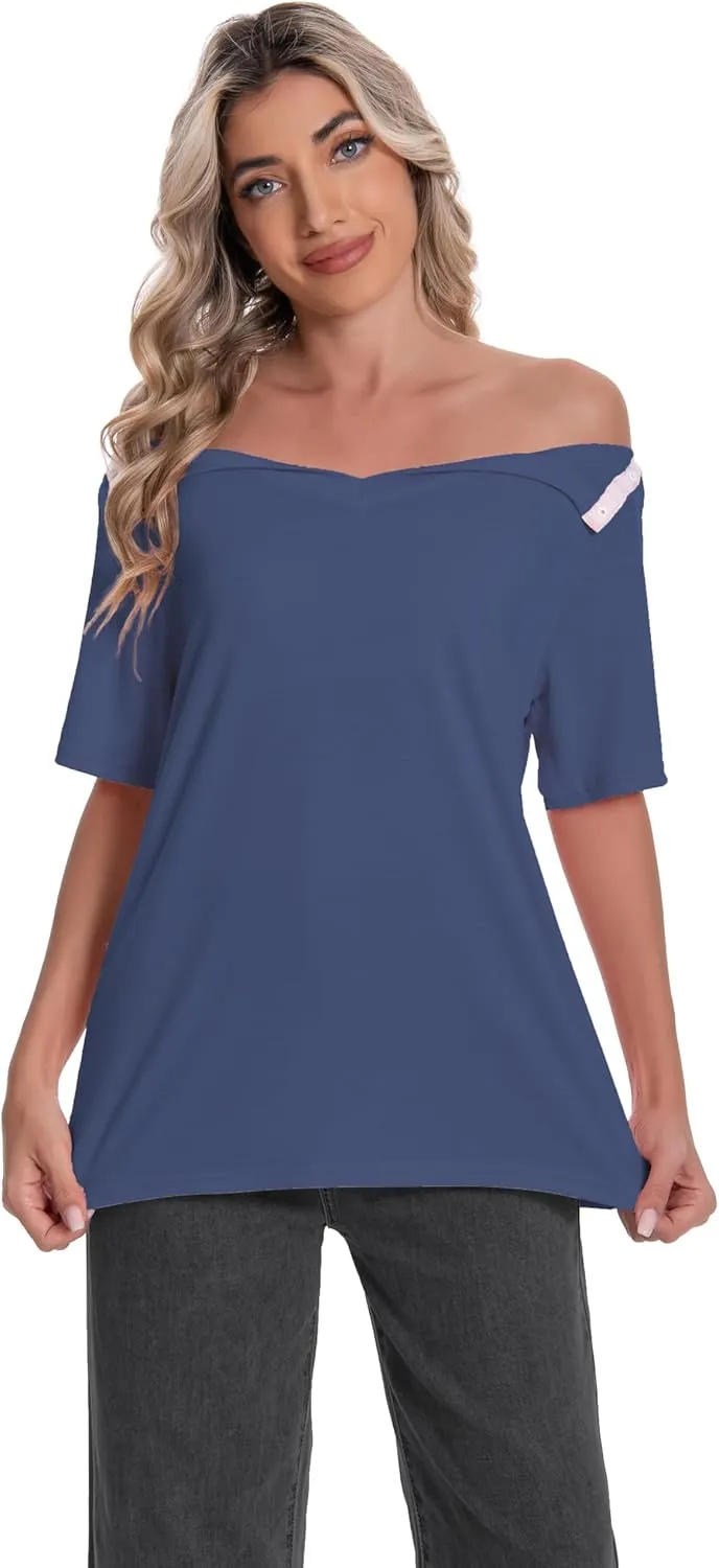 Post Shoulder Surgery Shirt for Women Short Sleeve V Neck Rotator Cuff Broken Arm Recovery Must Haves Clothing Comfy Shirts