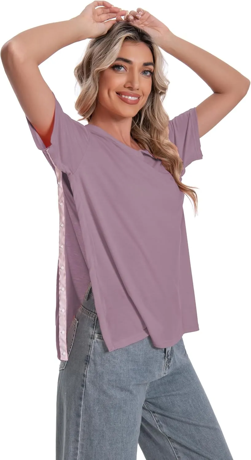 Post Shoulder Surgery Shirt for Women Short Sleeve V Neck Rotator Cuff Broken Arm Recovery Must Haves Clothing Comfy Shirts