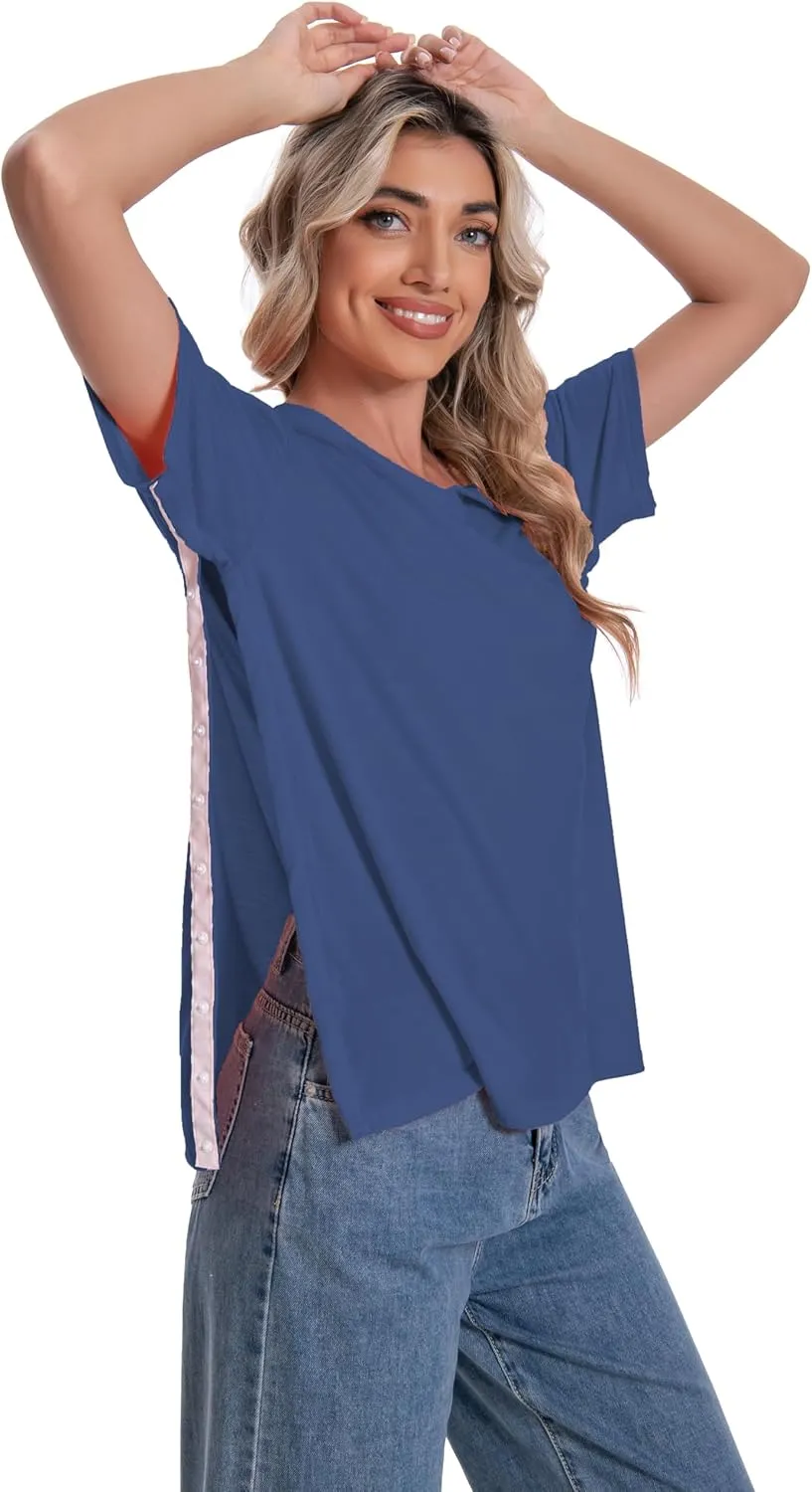 Post Shoulder Surgery Shirt for Women Short Sleeve V Neck Rotator Cuff Broken Arm Recovery Must Haves Clothing Comfy Shirts