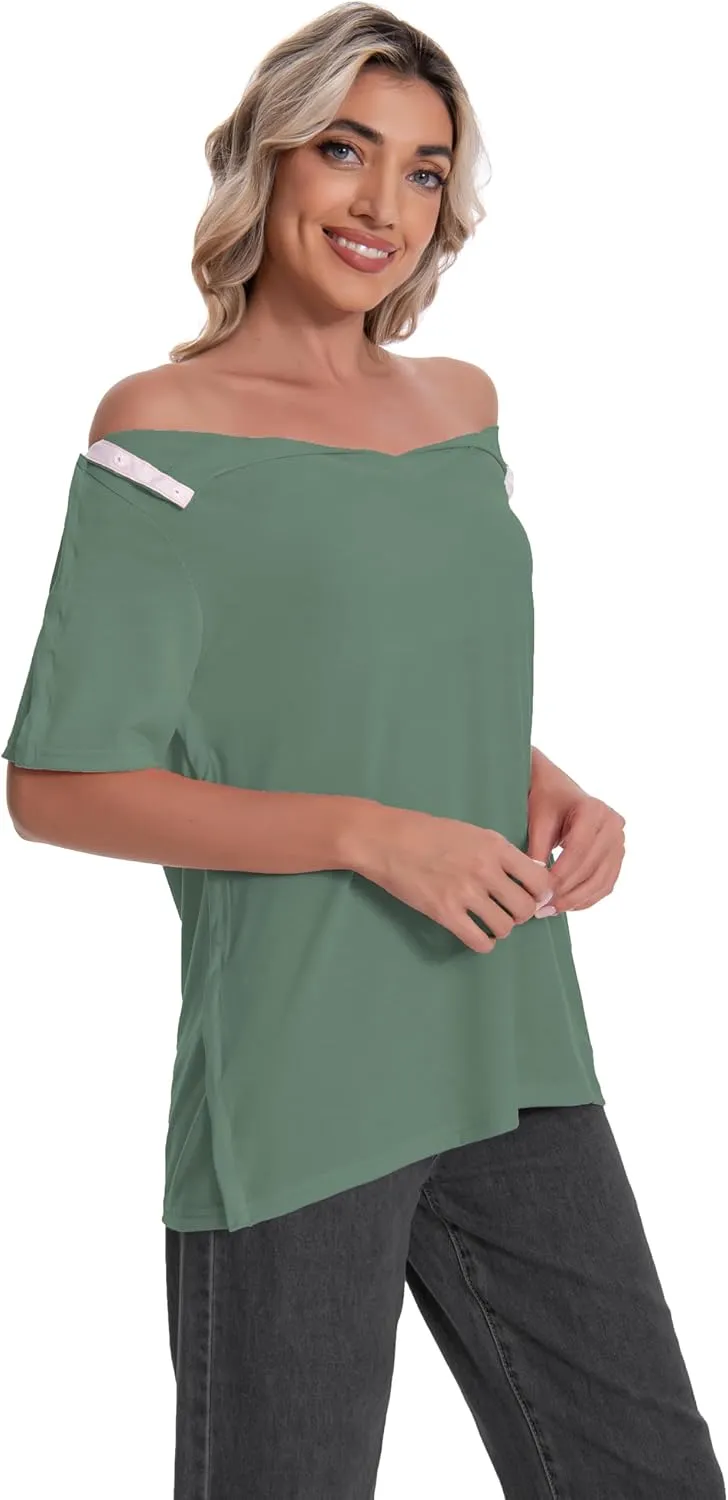 Post Shoulder Surgery Shirt for Women Short Sleeve V Neck Rotator Cuff Broken Arm Recovery Must Haves Clothing Comfy Shirts