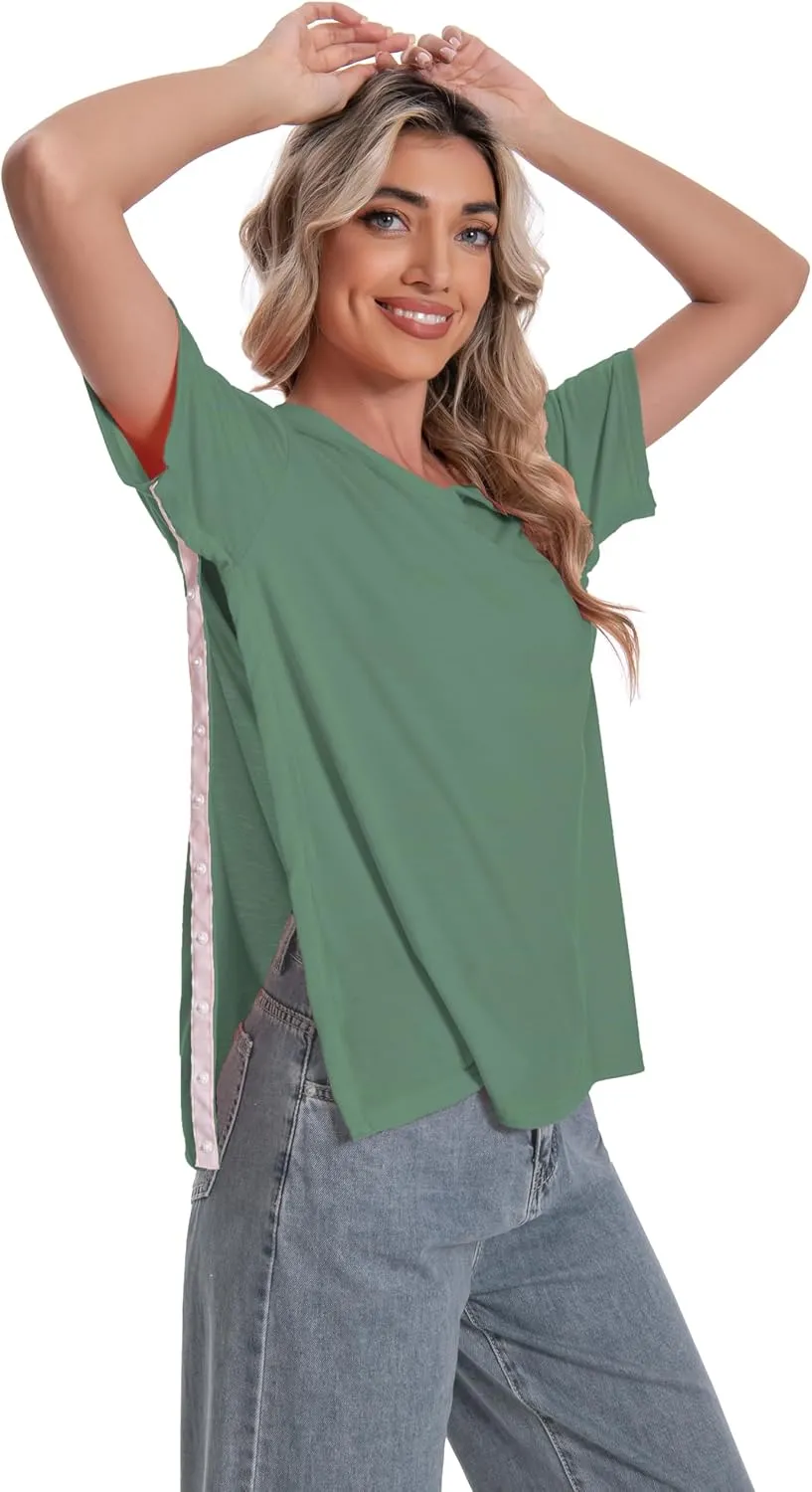 Post Shoulder Surgery Shirt for Women Short Sleeve V Neck Rotator Cuff Broken Arm Recovery Must Haves Clothing Comfy Shirts